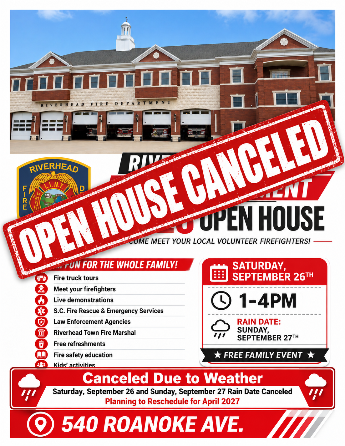 Riverhead Fire Department Open House canceled due to weather